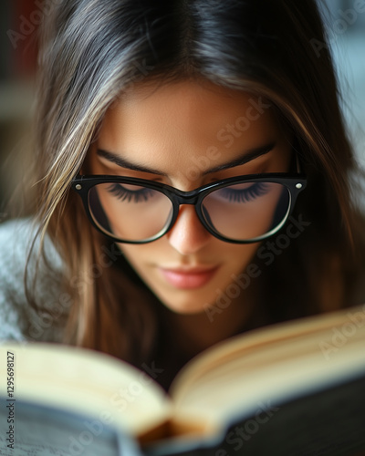 A serene librarian immersed in reading, beautifully lit for a captivating image.