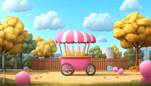 Cartoon Ice Cream Cart Park Scene photo