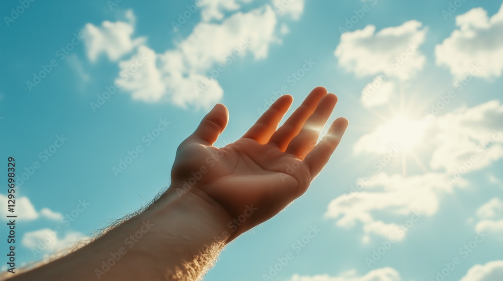 Reaching for the sky a hand in nature's bright landscape Reaching for the sky a hand in nature's bright landscape