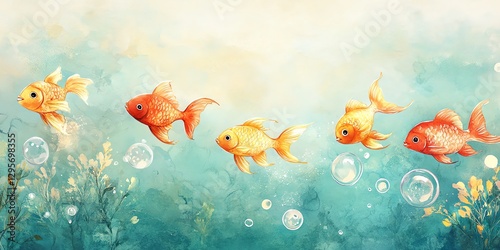 Goldfish Swimming in Teal Water with Bubbles and Aquatic Plants Illustration