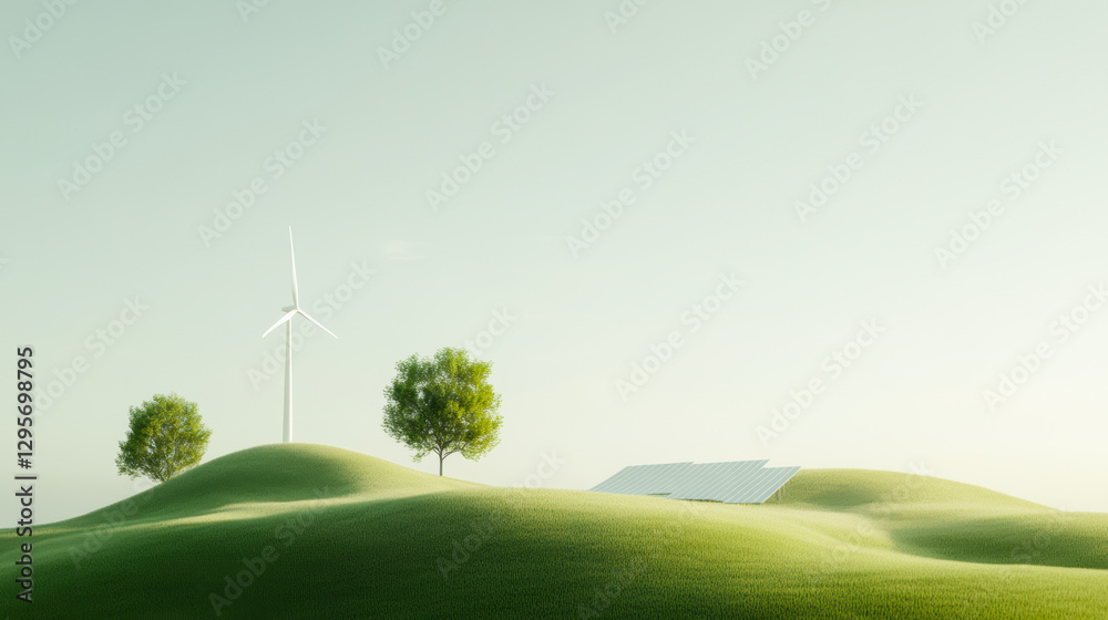 Fototapeta premium A wind farm is located on a hillside with a large field of grass