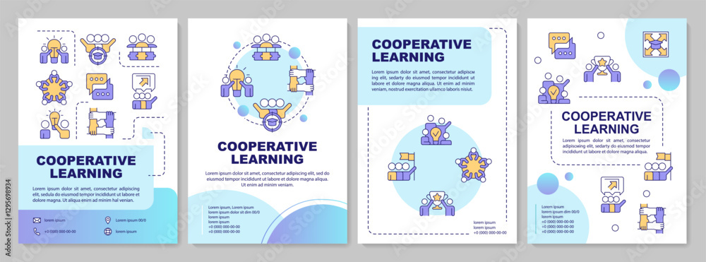 Naklejka premium Cooperative learning strategies blue gradient brochure template. Leadership, grouping. Leaflet design with linear icons. Editable 4 vector layouts. Arial-Bold, Myriad Pro-Regular fonts used