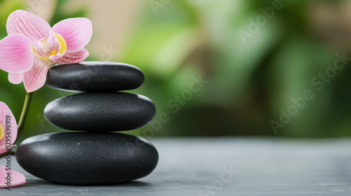 Three black stones are arranged on a table with a pink flower in the foreground