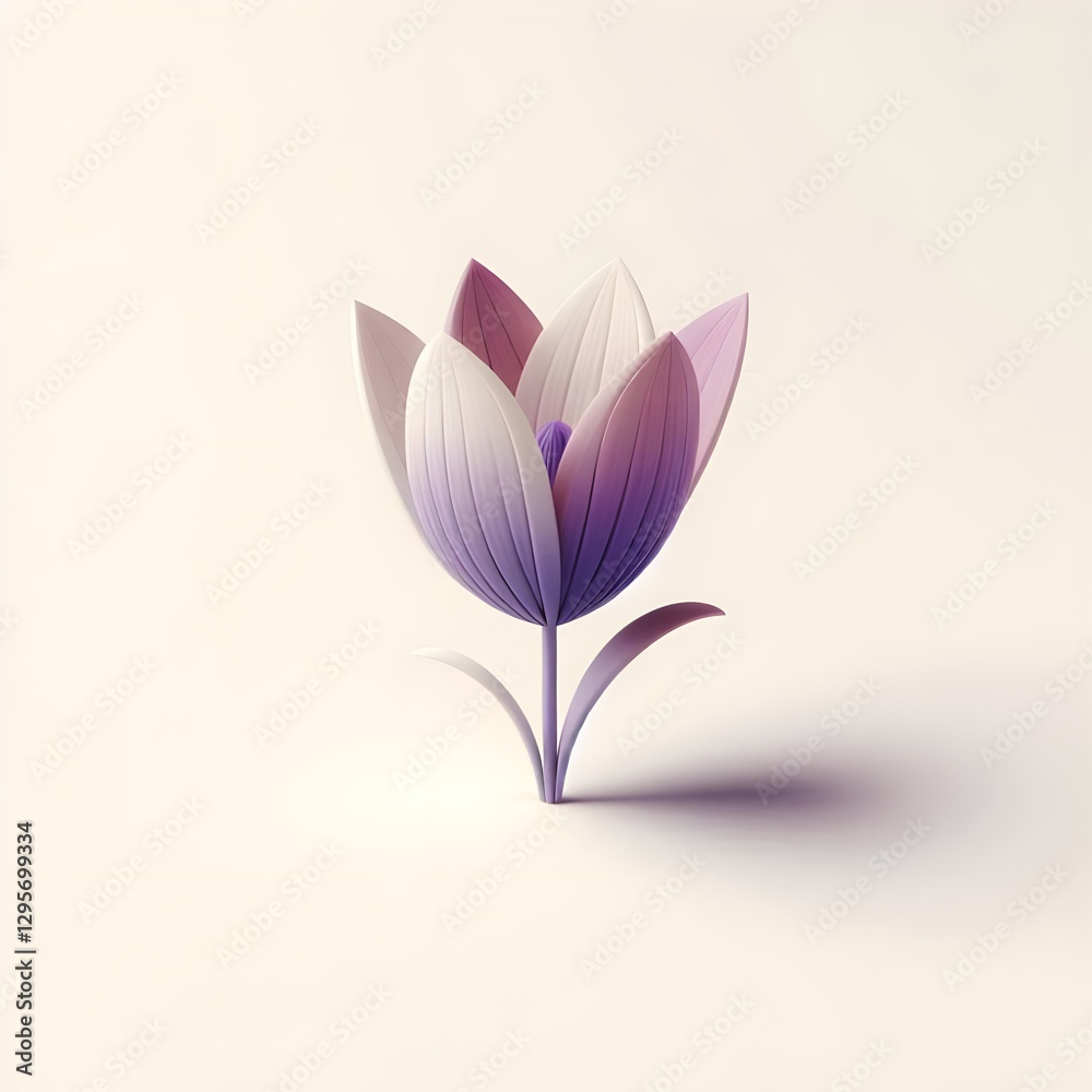 Naklejka premium A stylized minimalist flower with layered petals in shades of purple and white casts a soft shadow on a pale background