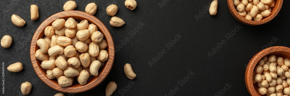 Top view of salted peanuts in a wooden bowl on black background, food, nut