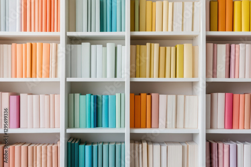 A colorful bookcase filled with books of various colors photo