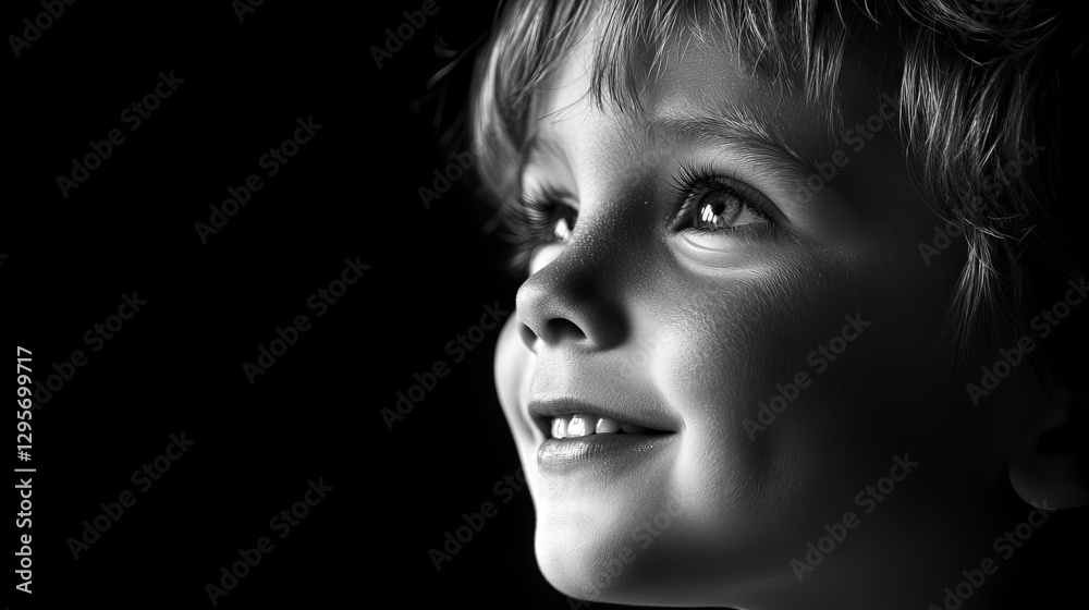 Joyful Child's Expression in Black and White Photography with Soft Lighting and Focused Eyes Joyful Child's Expression in Black and White Photography with Soft Lighting and Focused Eyes