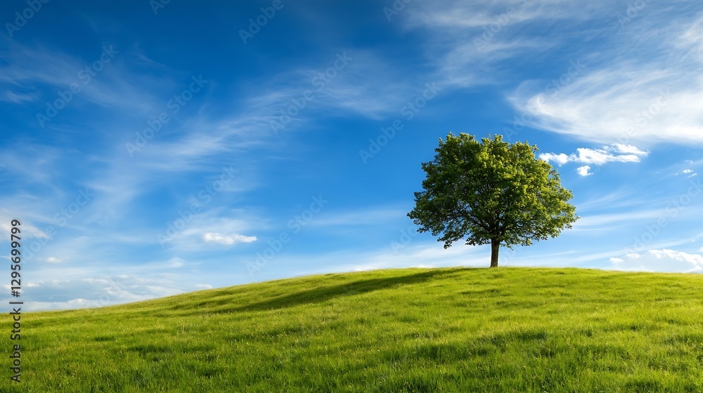 Isolated Green Tree on a Hill Under a Bright Blue Sky with Clouds : Generative AI Isolated Green Tree on a Hill Under a Bright Blue Sky with Clouds : Generative AI