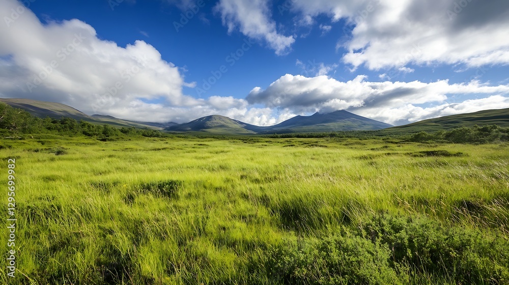 Expansive Green Meadow Surrounded by Mountains Under Dramatic Blue Sky with Clouds : Generative AI Expansive Green Meadow Surrounded by Mountains Under Dramatic Blue Sky with Clouds : Generative AI