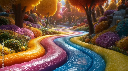 Whimsical rainbow river winding through a vibrant, colorful fairytale forest.