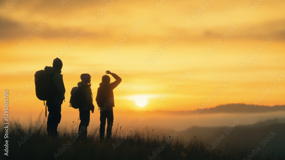 Fototapeta premium Three people are standing on a hillside, looking at the sun as it sets