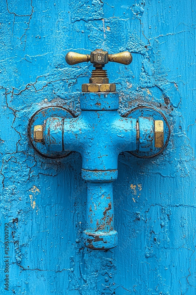 A blue faucet on a blue painted wall A blue faucet on a blue painted wall