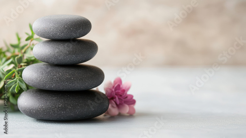 A row of four black stones with a pink flower in between