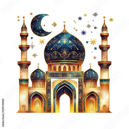 Ramadan Calendar with Mosque Illustration and Decorative Elements Isolated on a Clean White Background