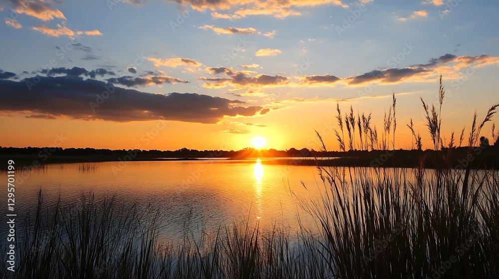 Beautiful Sunset Over Calm Water with Silhouetted Grasses Catching Golden Light : Generative AI Beautiful Sunset Over Calm Water with Silhouetted Grasses Catching Golden Light : Generative AI