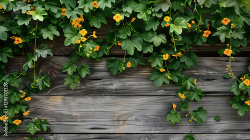 High-Resolution Wooden Wall with Vibrant Cat’s Claw Vine – Ultra-HD Rustic Floral Texture