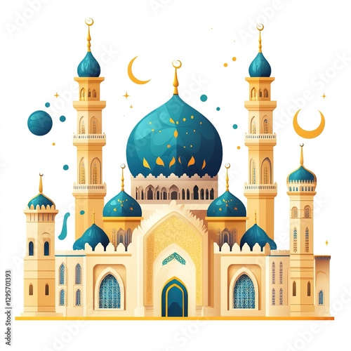 Ramadan Calendar with Mosque Illustration and Decorative Elements Isolated on a Clean White Background