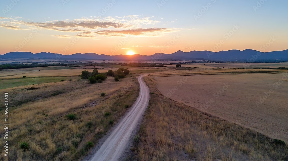 Fototapeta premium Stunning aerial view of a scenic countryside road winding through golden fields at sunset : Generative AI