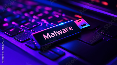 USB Drive Labeled Malware Plugged into a Laptop Keyboard with Neon Light Reflections for Cybersecurity Concept