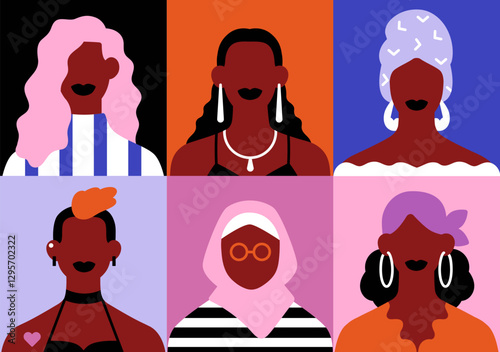 Black women faces, avatars set. Diverse African female characters, head portraits grid. Modern user profiles. Girls in headwear, muslim hijab, turban, headscarf, earrings. Flat vector illustration