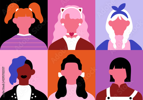 Women, head portraits set. Faceless female avatars grid. Modern girls faces, user profiles with different hairstyles, accessories, ponytails, braids, bob cut, headband. Flat vector illustration