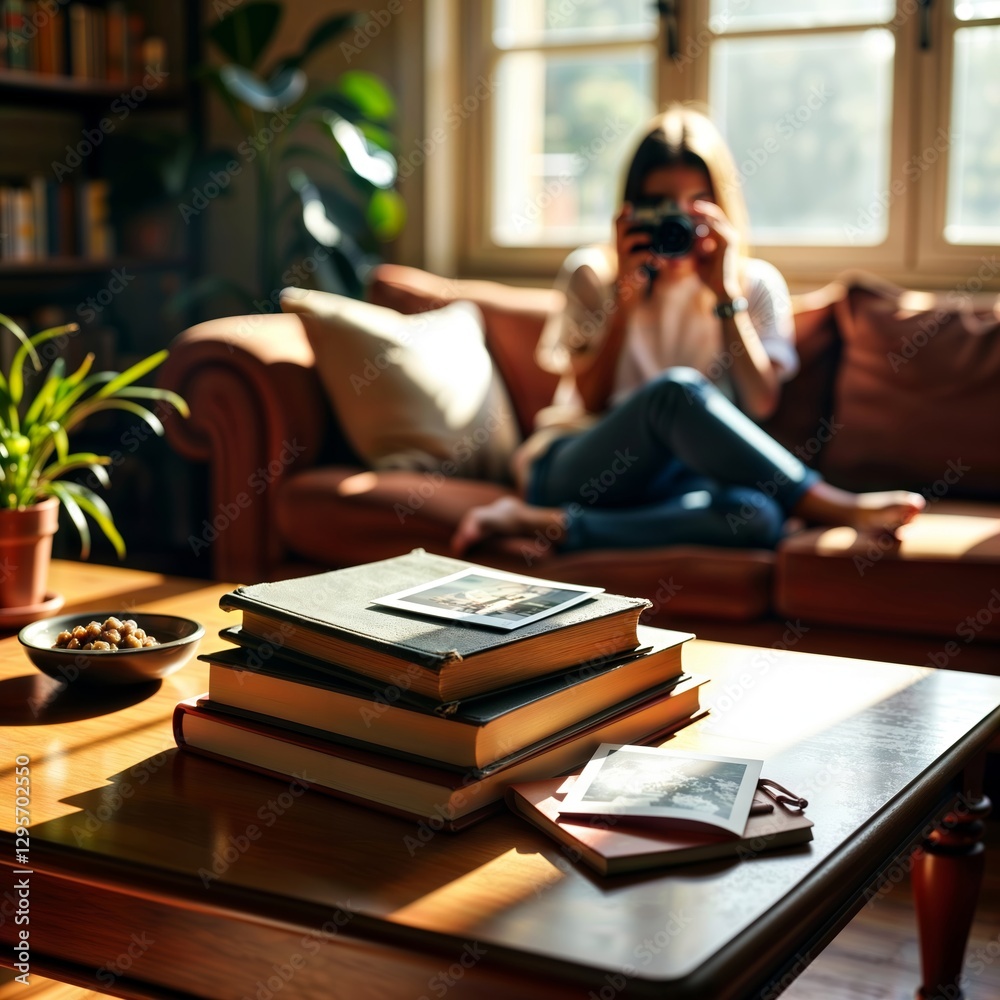Cozy photography corner. Stack of books with instant photos and camera in warm sunlit living room.