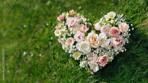 A heart made of flowers is on a green field