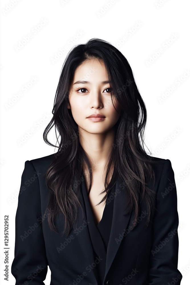 Asian business woman in suit, white background, studio lights Asian business woman in suit, white background, studio lights