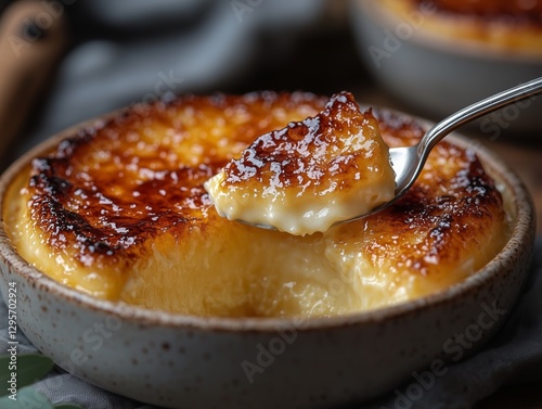 Nahaufnahme: Löffel bricht in eine Crème Brûlée ein