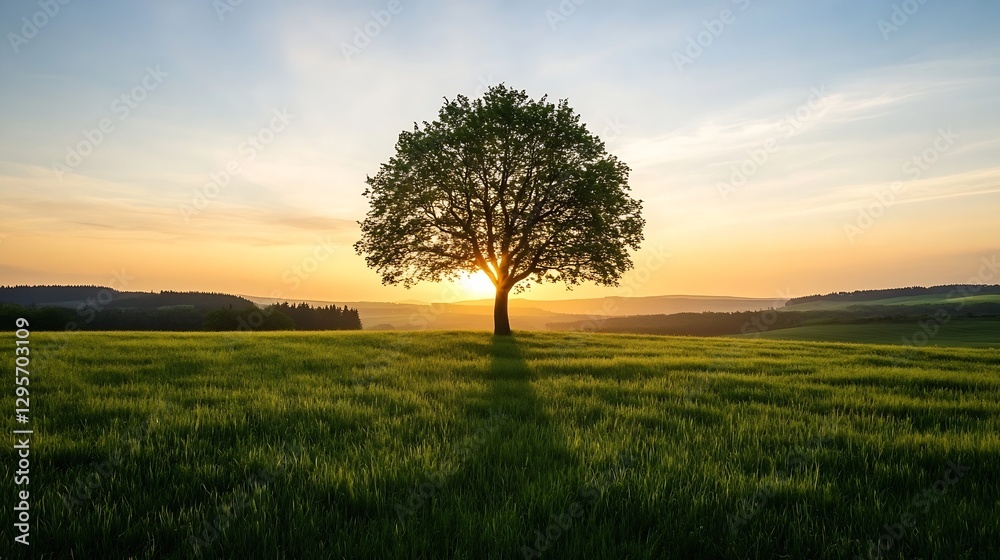 Majestic solitary tree standing tall in a golden field during sunset creating a stunning silhouette : Generative AI Majestic solitary tree standing tall in a golden field during sunset creating a stunning silhouette : Generative AI