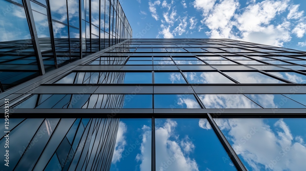 Obraz premium Striking angle of modern skyscraper reflecting clouds and sky in mirrored glass facade : Generative AI