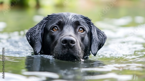 Adorable black dog swimming in clear water surrounded by green nature under soft natural lighting : Generative AI photo