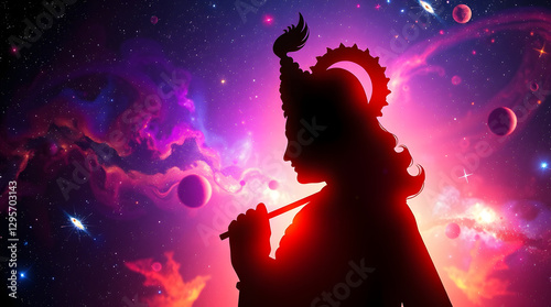 Lord Krishna, sharp focus, playing his flute , surrounded by planets and stars. His cosmic energy aura contrasts with the soft background of swirling nebulae and divine light. photo