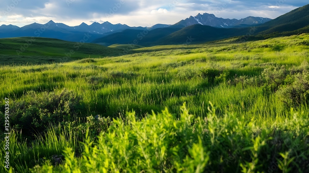 Fototapeta premium Vast green landscape with rolling hills and majestic mountains under dramatic cloudy sky : Generative AI