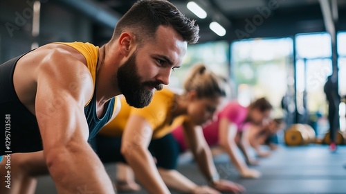 Focused fitness group engaging in a competitive workout session pushing their limits in a gym setting : Generative AI photo