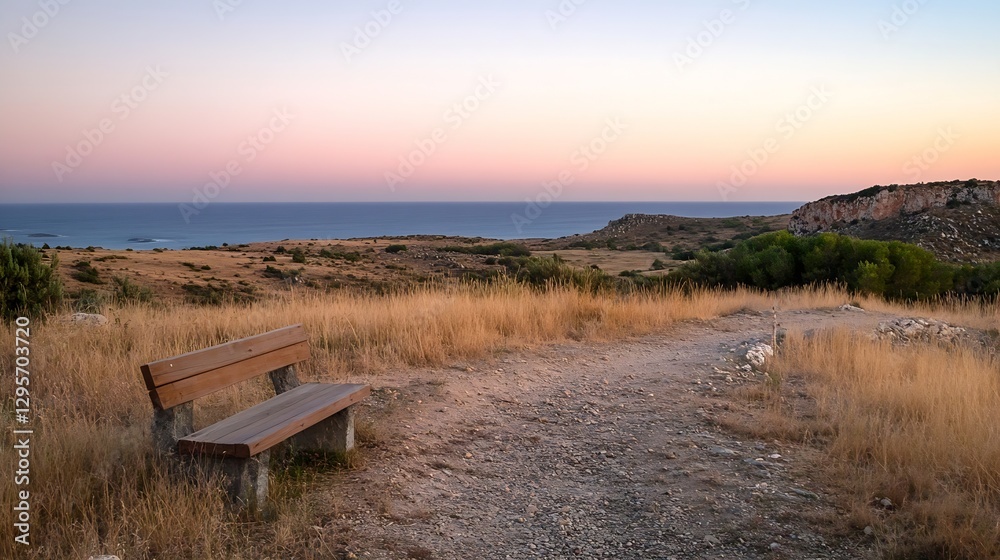 Serene Sunset View of Bench Overlooking Tranquil Ocean and Rolling Hills : Generative AI Serene Sunset View of Bench Overlooking Tranquil Ocean and Rolling Hills : Generative AI