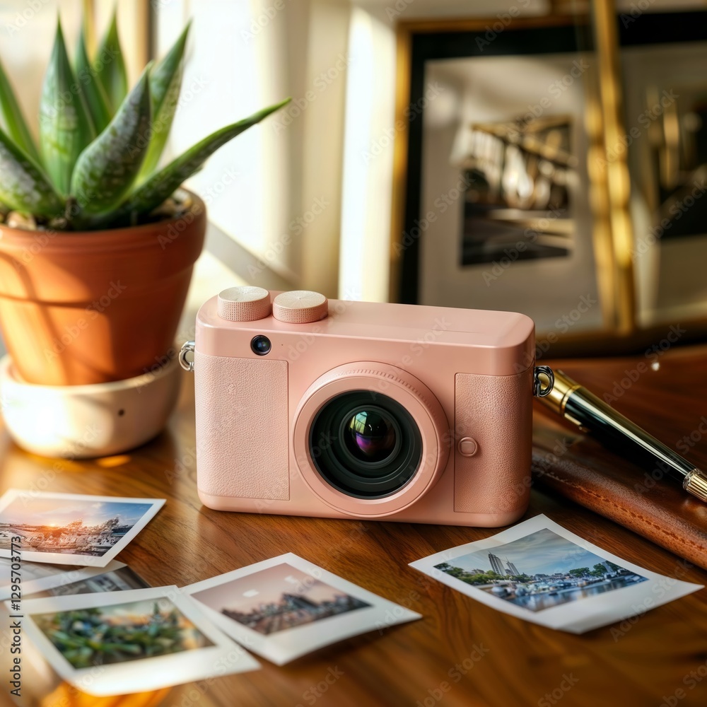 Vintage Pink Camera. Modern instant camera in rose gold color displayed on wooden desk with travel photos and succulent plant in warm lighting.