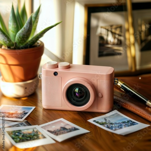 Obraz na płótnie Vintage Pink Camera. Modern instant camera in rose gold color displayed on wooden desk with travel photos and succulent plant in warm lighting. w salonie