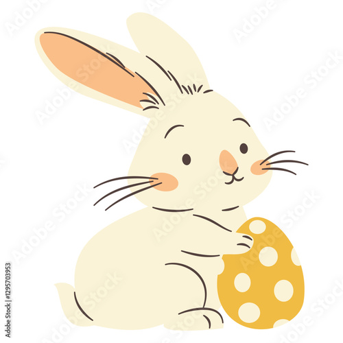 Flat vector illustration in a simple children's style. Cute Easter white bunny holding an Easter egg . Vector illustration