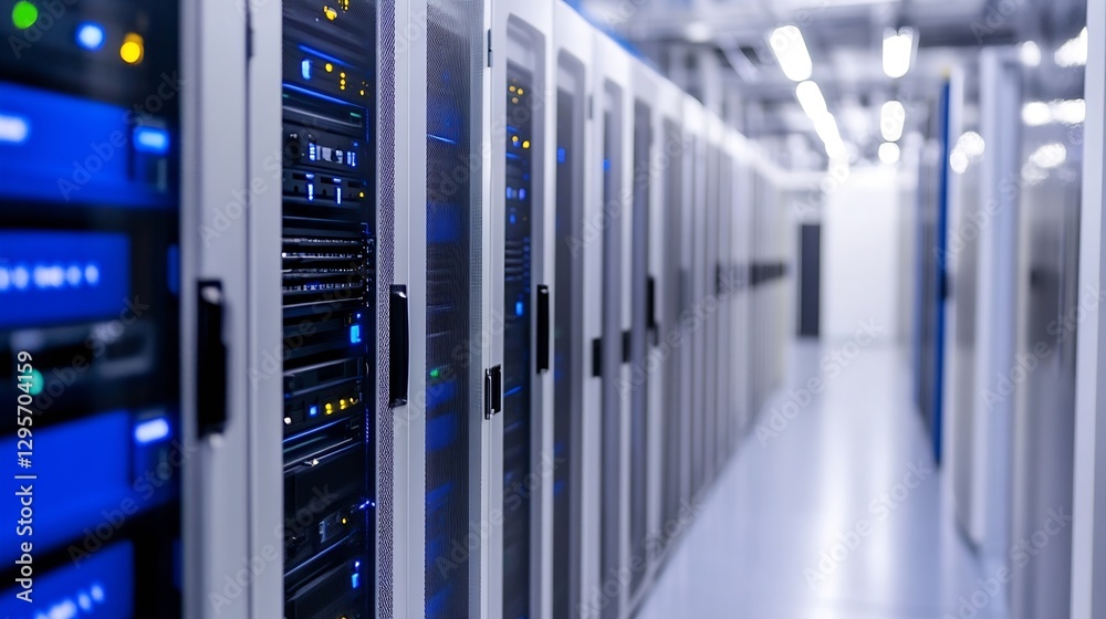 Rows of Servers in Modern Data Center with Blue Lighting and Technology Infrastructure : Generative AI Rows of Servers in Modern Data Center with Blue Lighting and Technology Infrastructure : Generative AI