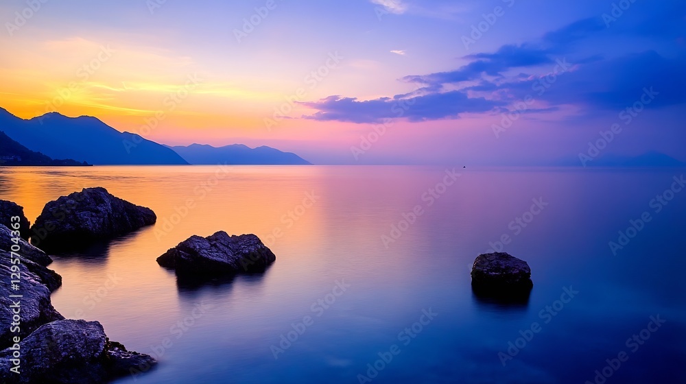 Stunning twilight view of a peaceful sea with rocky foreground and colorful sky at sunset : Generative AI Stunning twilight view of a peaceful sea with rocky foreground and colorful sky at sunset : Generative AI