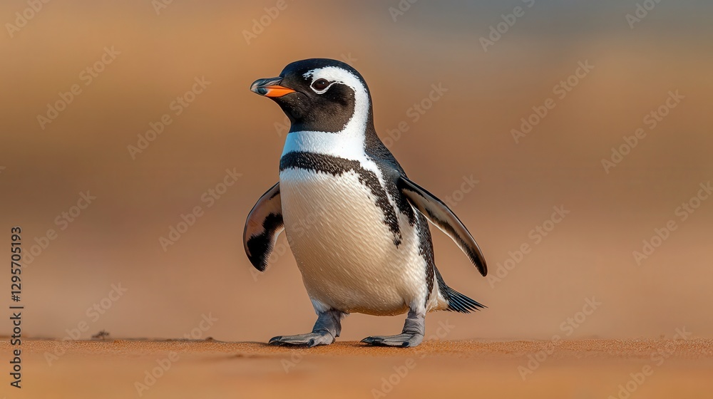 Fototapeta premium A lone penguin standing on sand in a bright environment