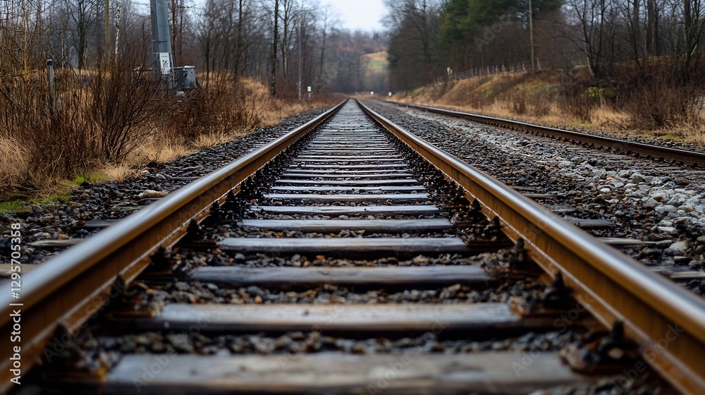 Fototapeta premium Rustic railway tracks weaving through tranquil landscapes under a cloudy sky : Generative AI
