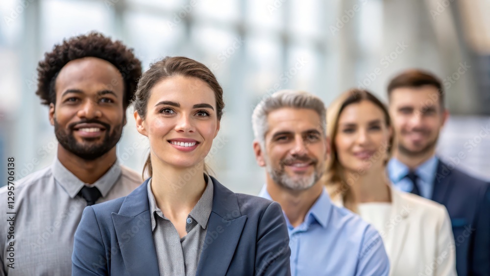 Leadership skills teamwork delegation concept. A diverse group of professionals smiling confidently while standing together in a bright, modern workplace. Leadership skills teamwork delegation concept. A diverse group of professionals smiling confidently while standing together in a bright, modern workplace.