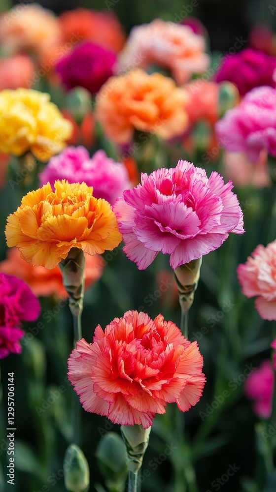 A garden fills with blooming carnations displaying a spectrum of rich colors. The intricate details of the petals create a striking visual pattern that captivates the eye and uplifts the spirit A garden fills with blooming carnations displaying a spectrum of rich colors. The intricate details of the petals create a striking visual pattern that captivates the eye and uplifts the spirit