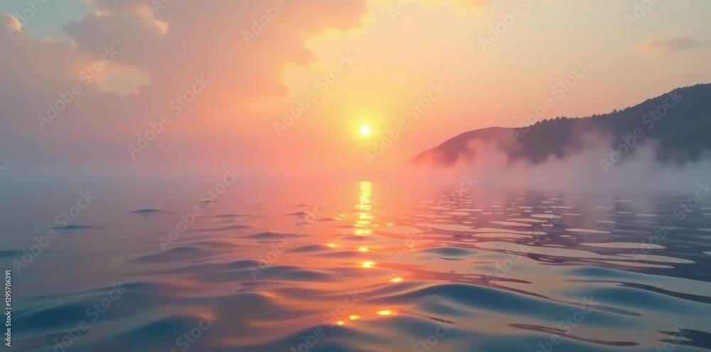 Obraz premium Gentle mist rising from the calm sea surface at sunrise, morning light, soft colors