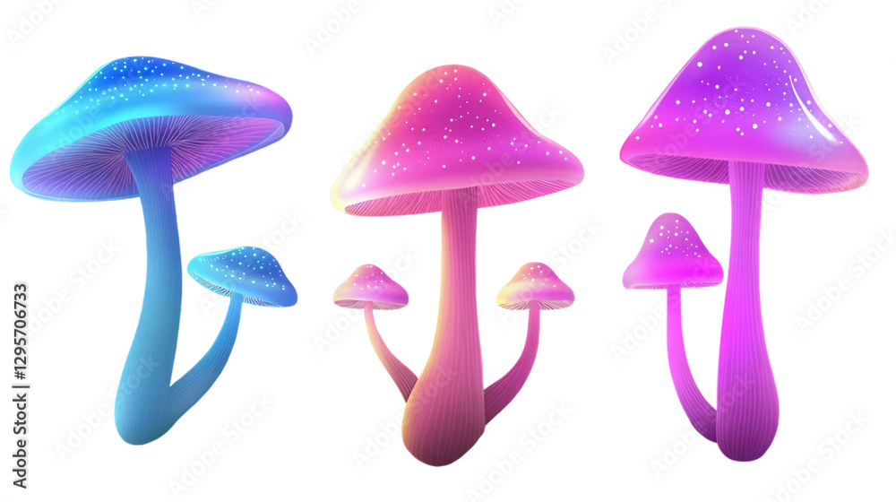 Colorful glowing mushrooms clusters on transparent background. Colorful glowing mushrooms clusters on transparent background.