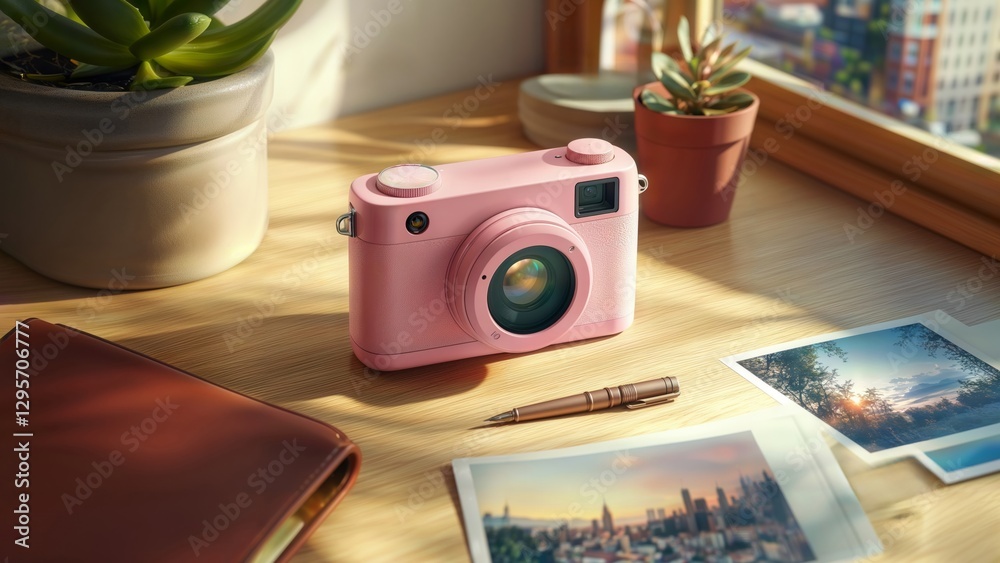 Pink Instant Camera Still Life. Modern pink instant camera displayed on wooden windowsill with potted plants, leather journal, and printed photos in warm sunlight.