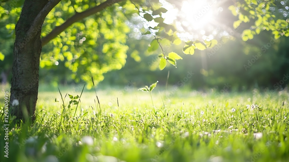 Obraz premium Glowing Sunlight Filtering Through Green Leafy Tree in a Lush Park : Generative AI