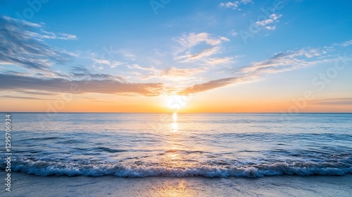 Stunning sunset view over calm ocean waters with vibrant colors and peaceful waves : Generative AI